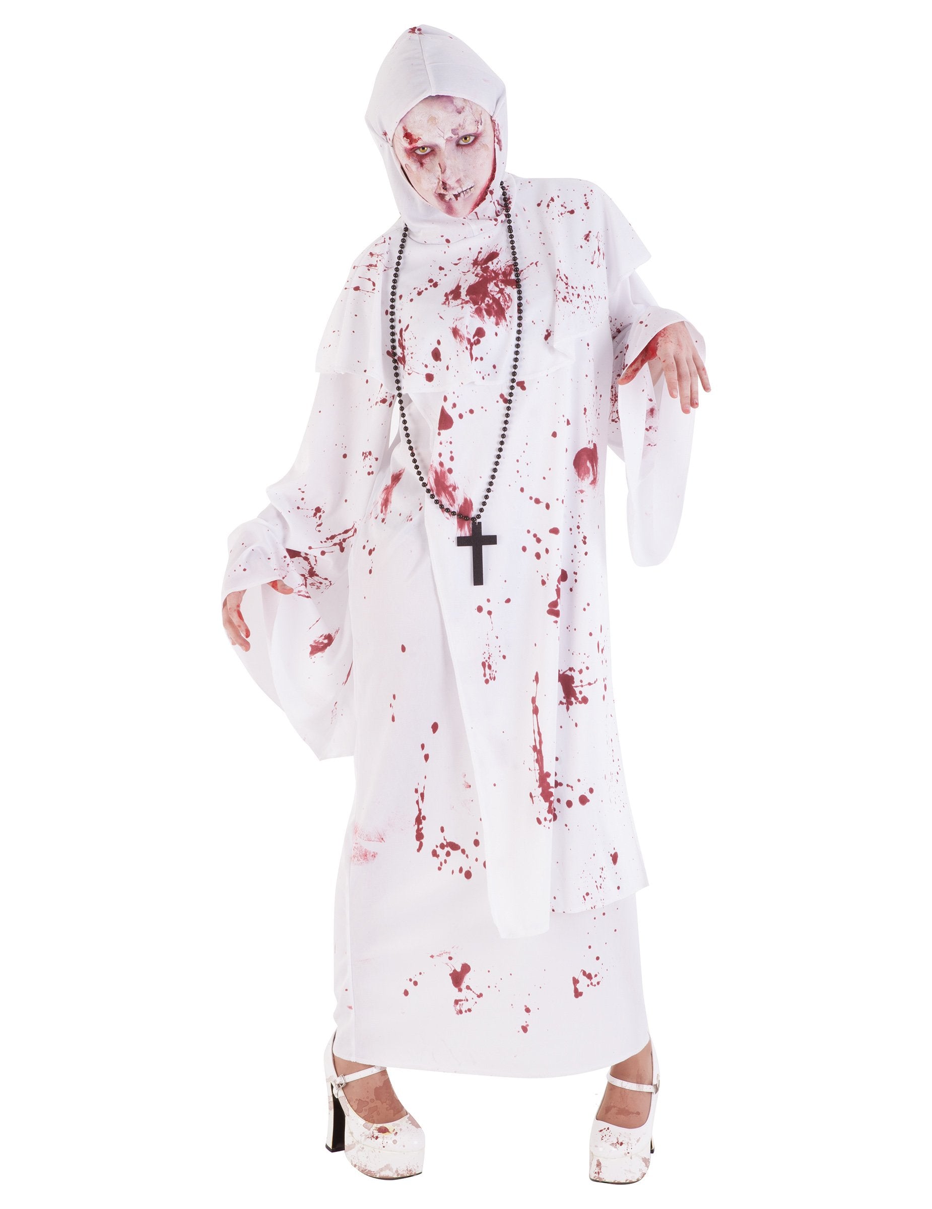 Déguisement de nonne effrayante ensanglantée pour femme blanc et rouge