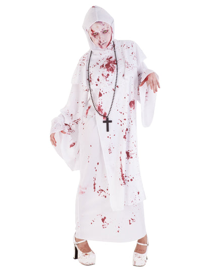 Déguisement de nonne effrayante ensanglantée pour femme blanc et rouge
