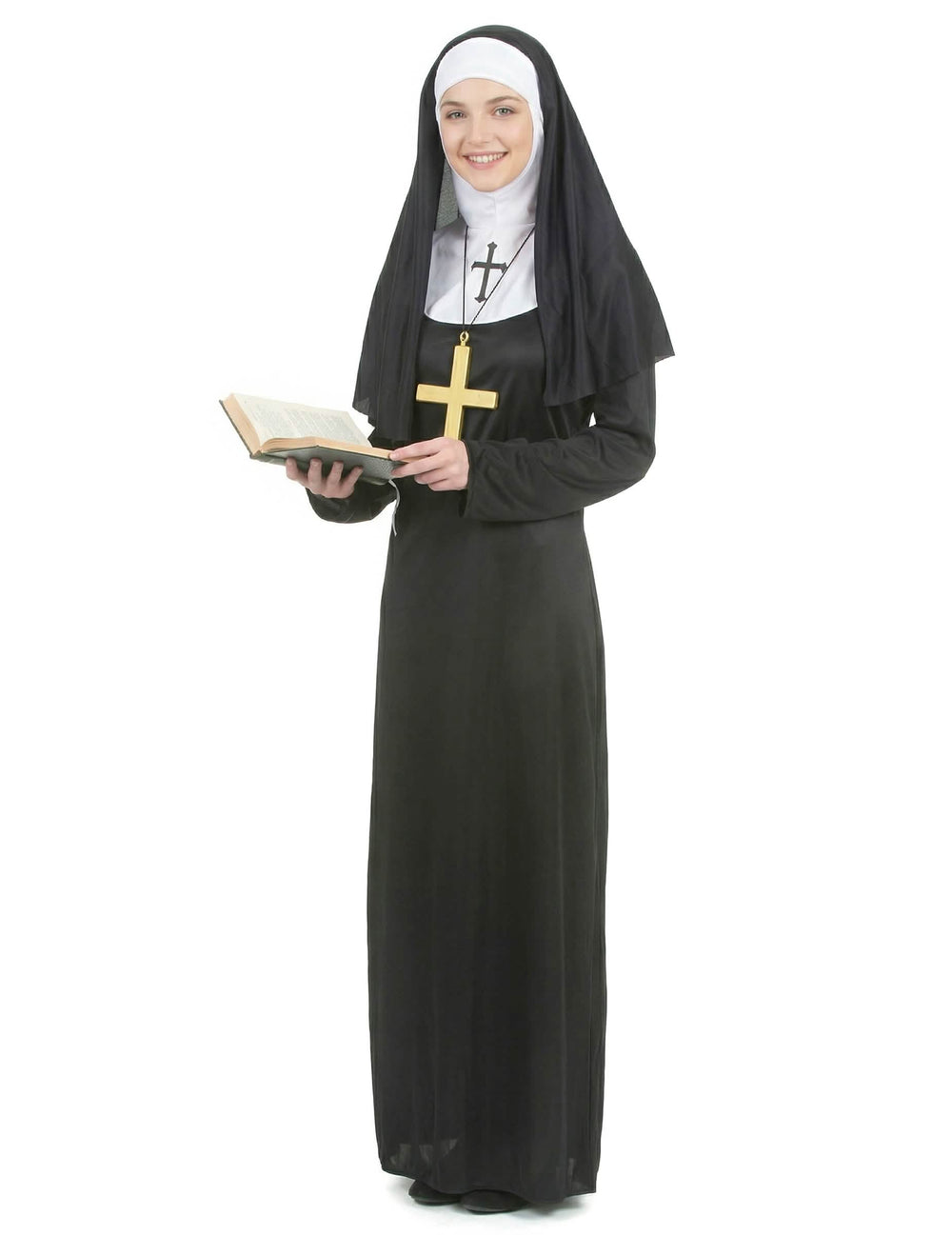 Vue de trois-quarts tenant une bible du déguisement de nonne pour femme