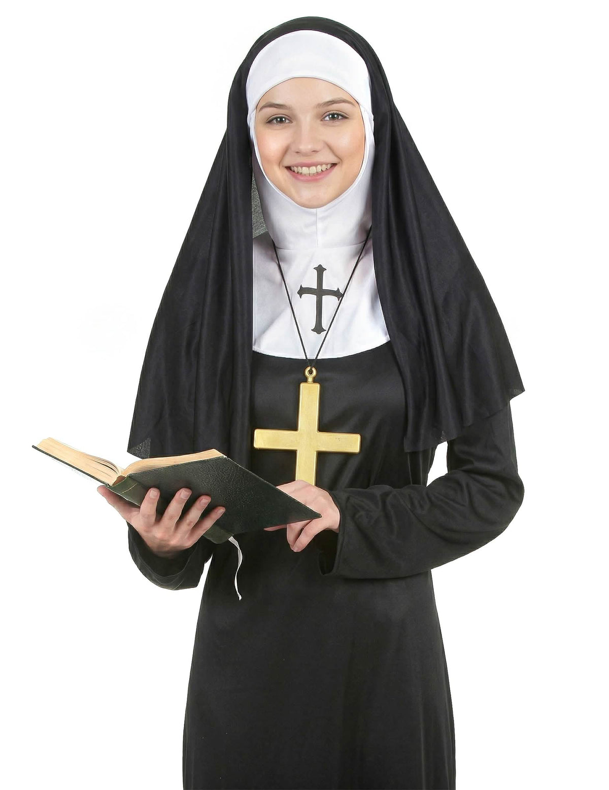Gros plan sur le buste et les accessoires du déguisement de nonne pour femme