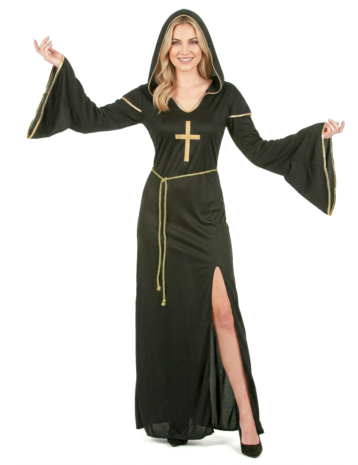 Déguisement de nonne fendue pour femme noir et or avec capuche et croix