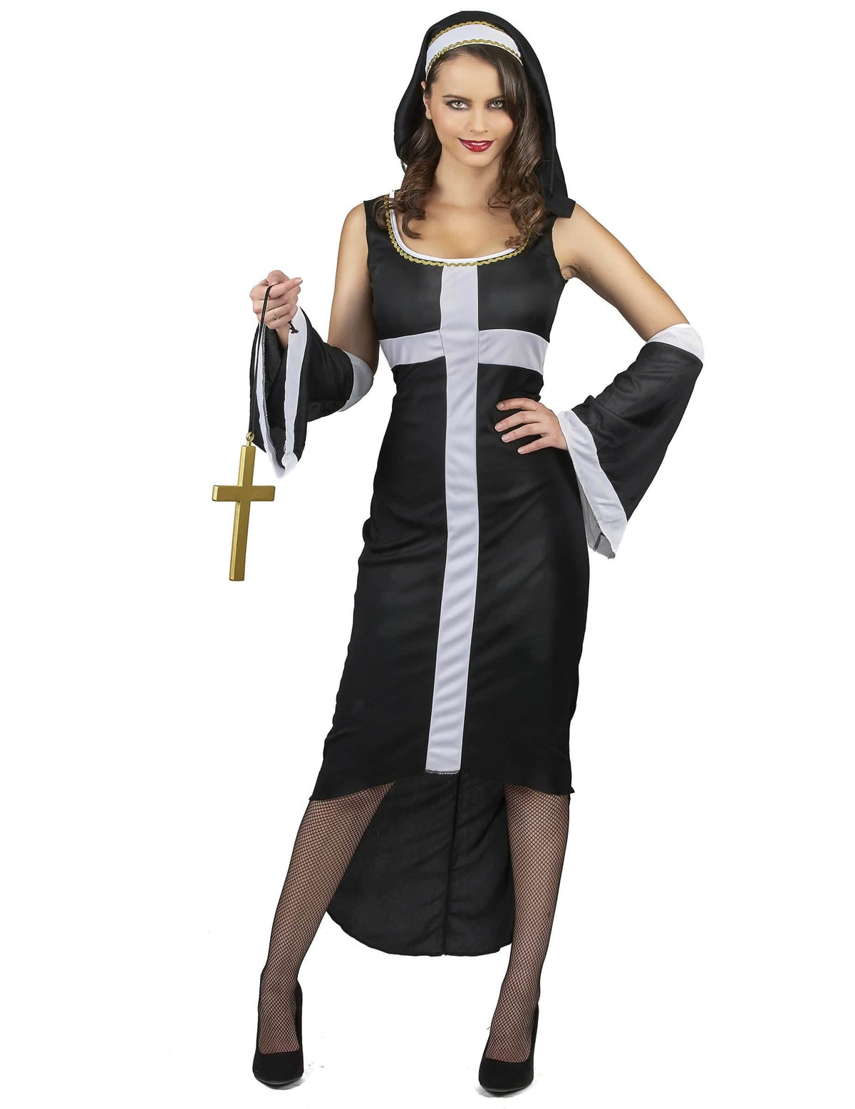 Fato de freira sexy cruz branca para mulher black and white com véu
