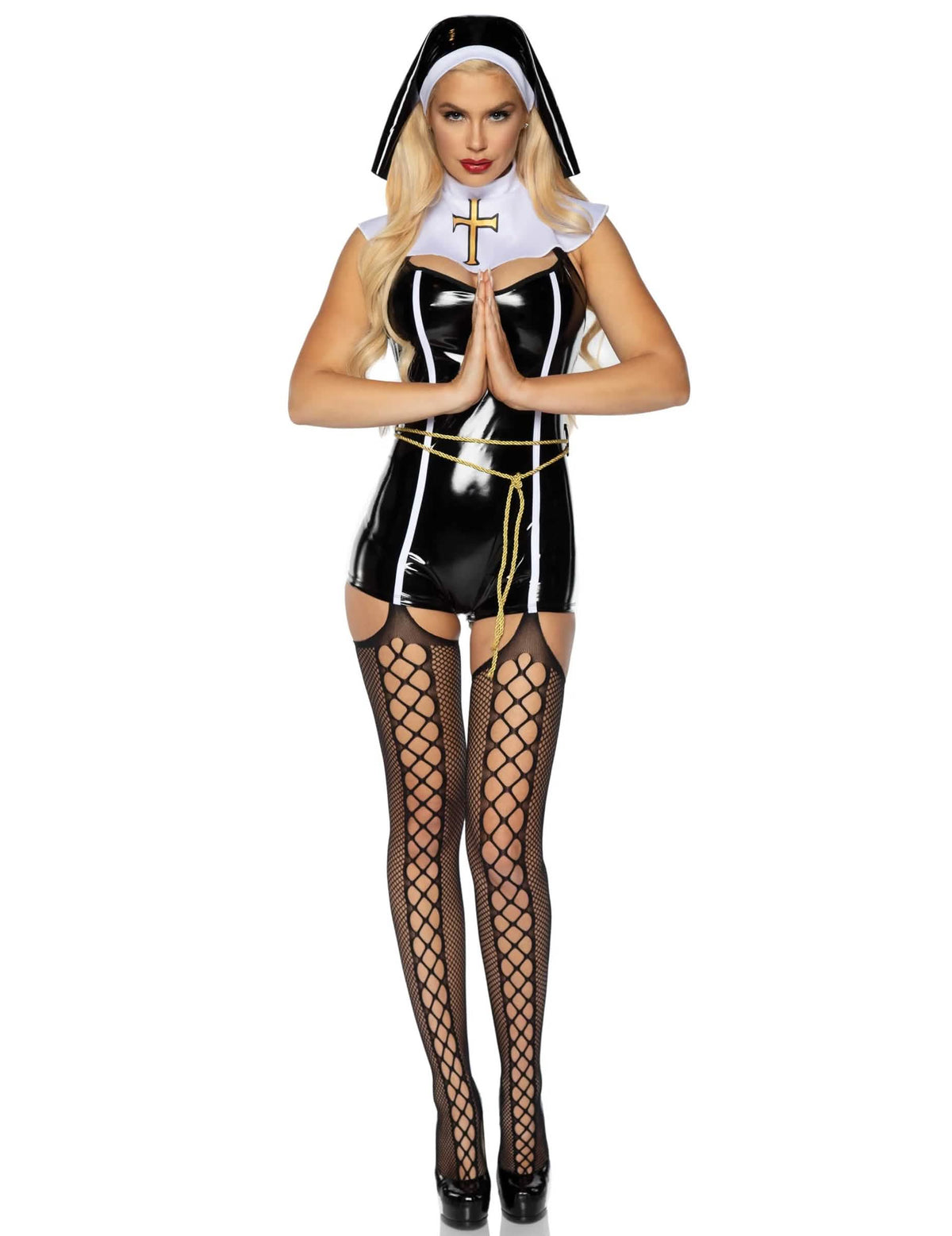 Fato de freira sexy para mulher preto brilhante em vinil com colarinho branco e cruz dourada