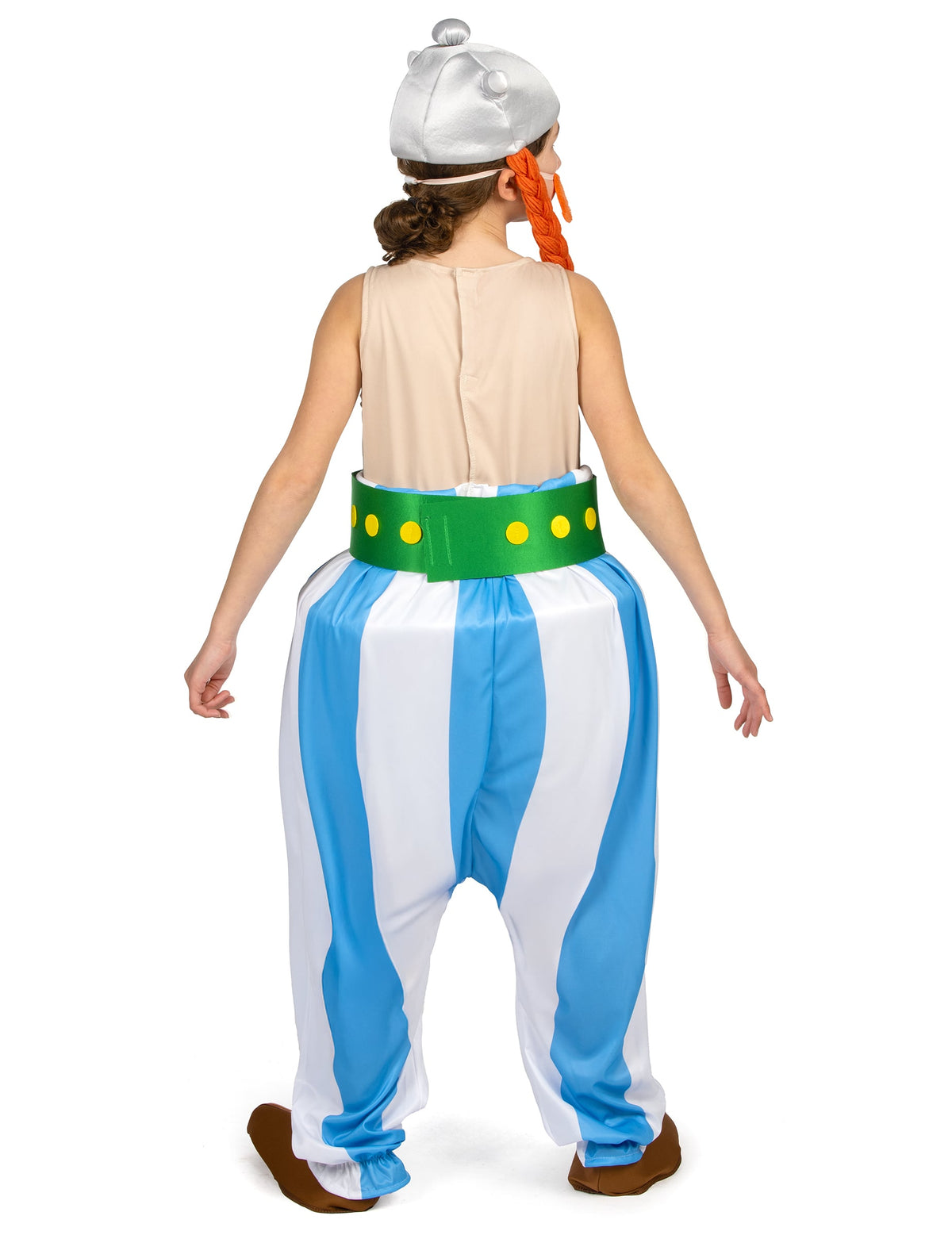 Déguisement Obelix luxe pour enfant bleu et blanc à rayures avec ceinture verte