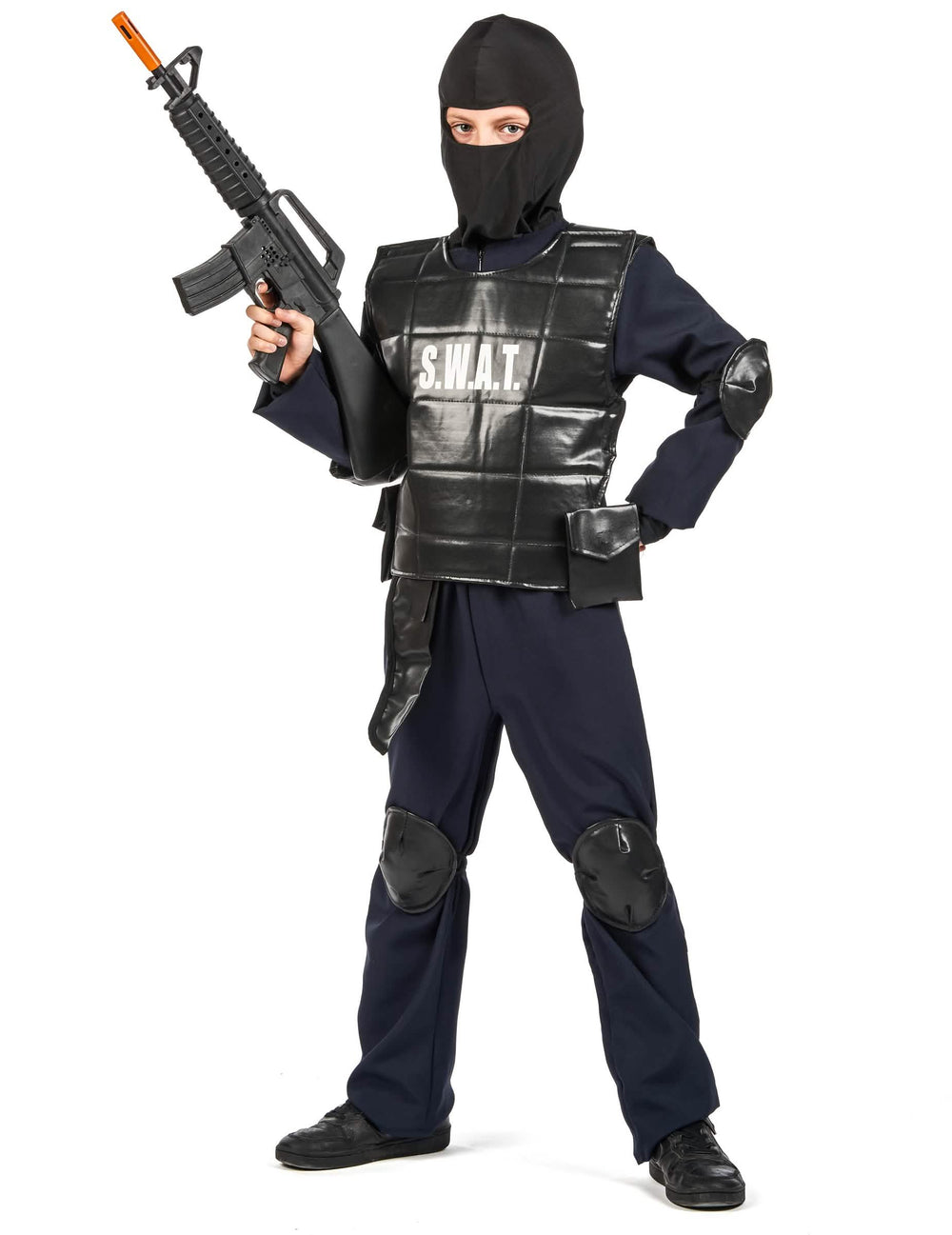 Fato de oficial do SWAT para criança preto com colete e balaclava