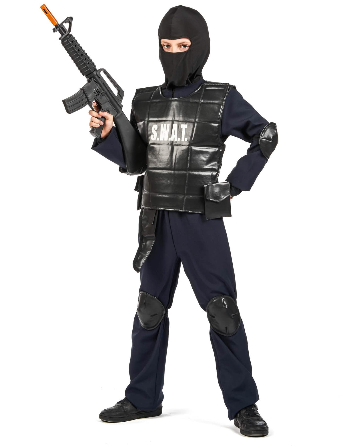 Fato de oficial do SWAT para criança preto com colete e balaclava