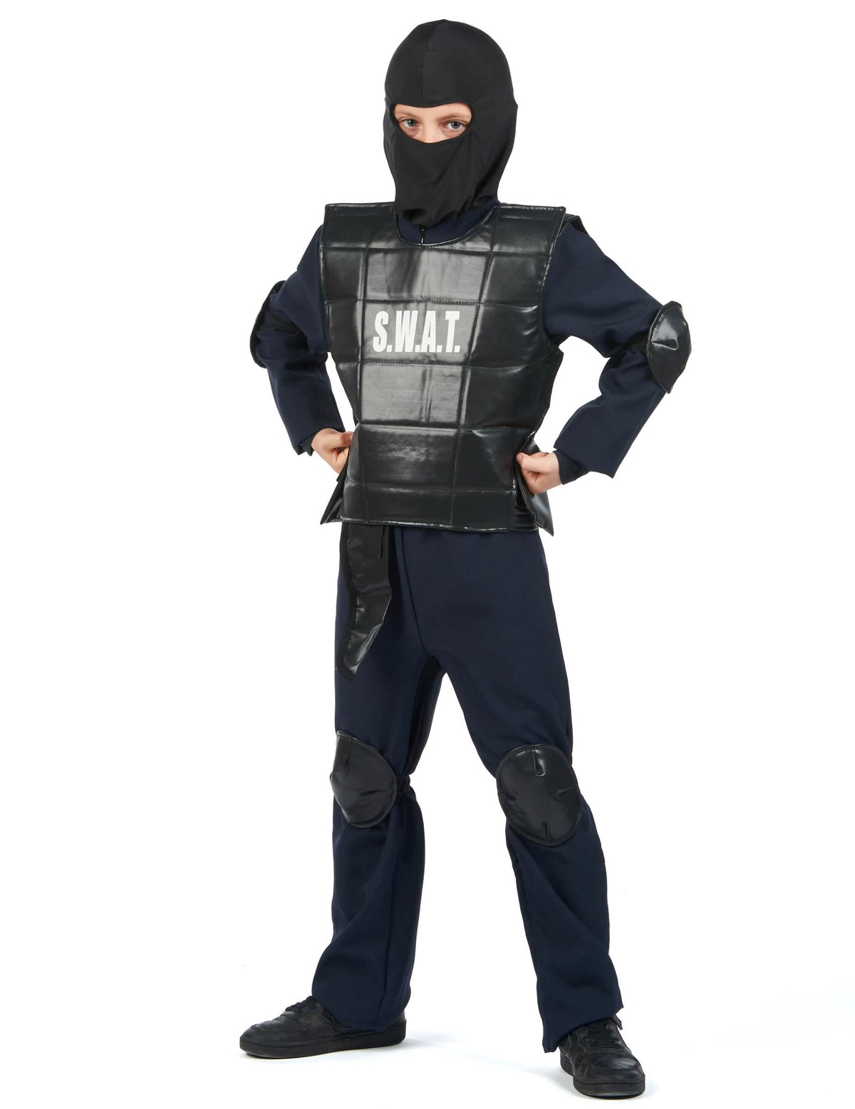 Vista frontal com peitoral e joelheiras do fato de polícia SWAT