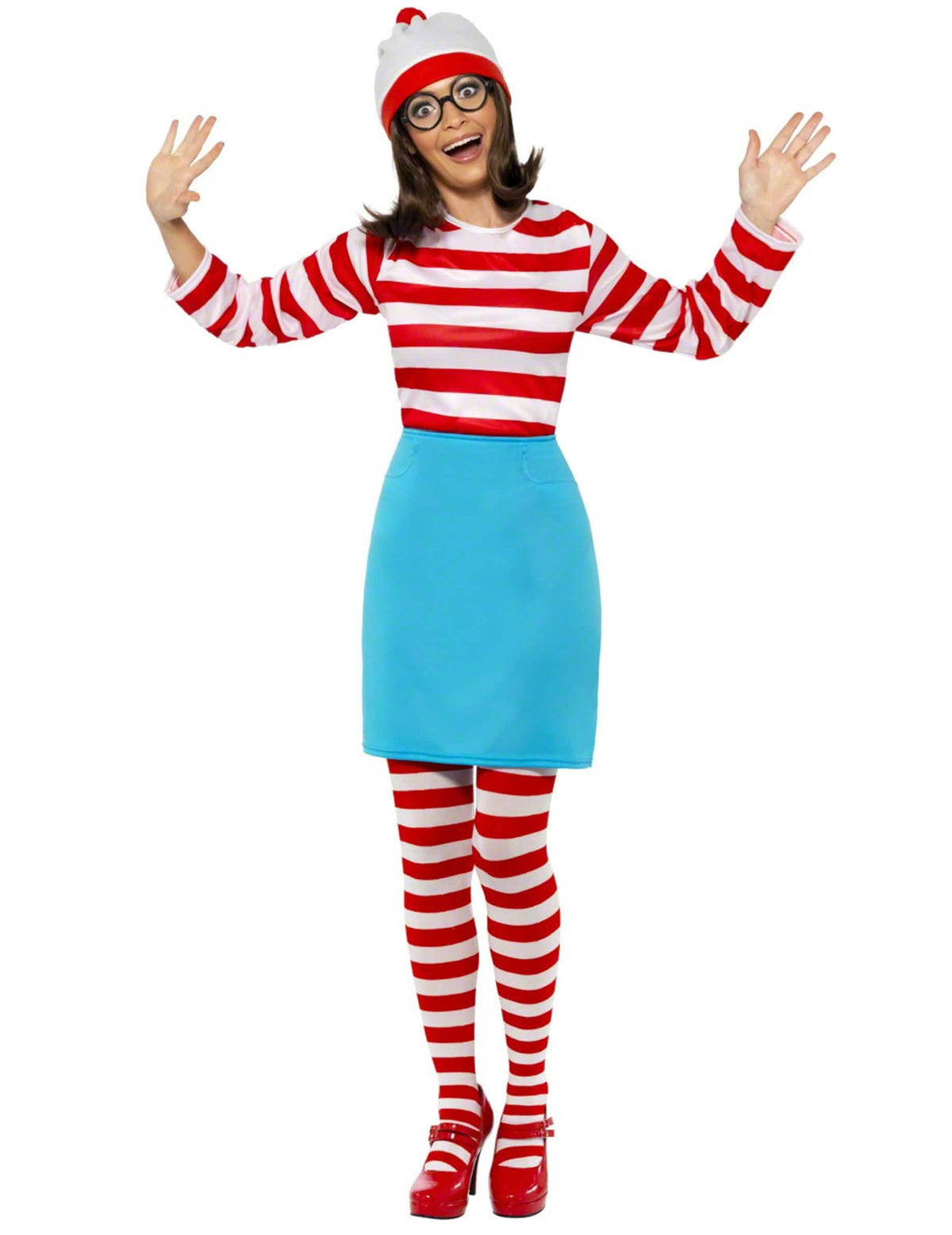 Fato de Onde está o Wally ?™ para mulher às riscas vermelho e branco com saia azul