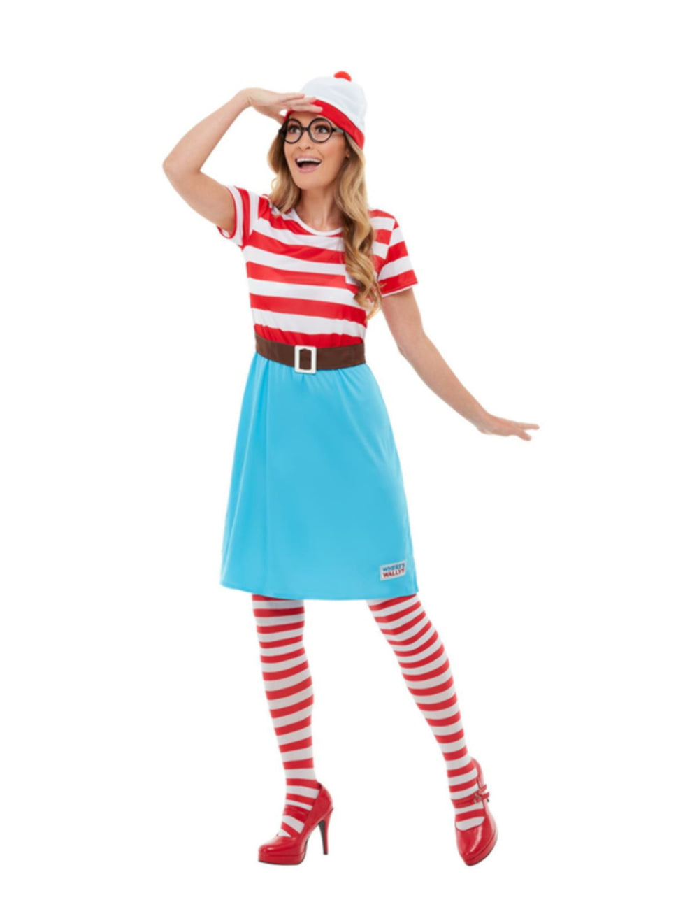 Déguisement Où est Charlie luxe pour femme rouge et blanc avec jupe bleue bonnet et lunettes