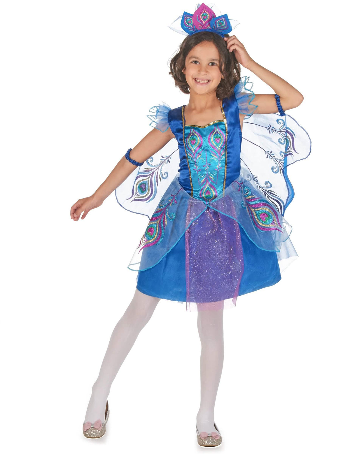 Déguisamento de pavão com lantejoulas para menina azul e roxo com asas e bandolete