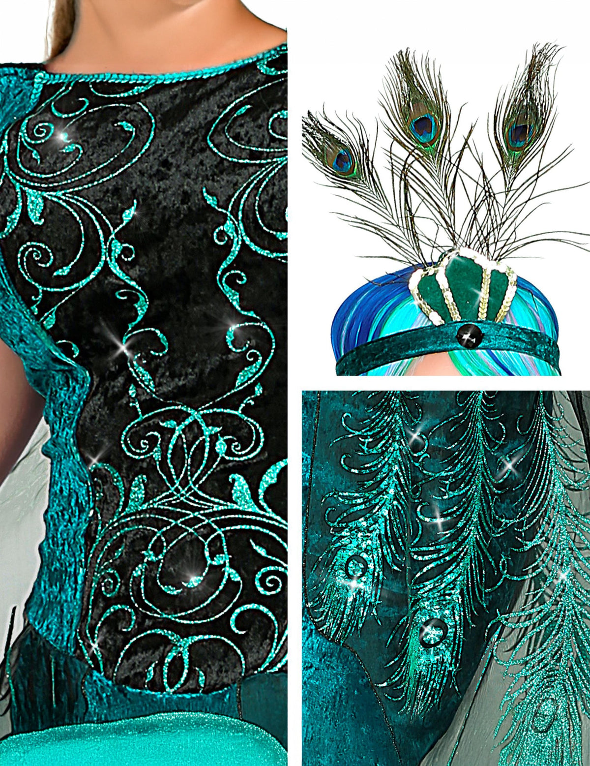 Détails des motifs pailletés et du serre-tête à plumes du déguisement de paon majestueux