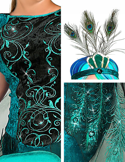 Détails des motifs pailletés et du serre-tête à plumes du déguisement de paon majestueux