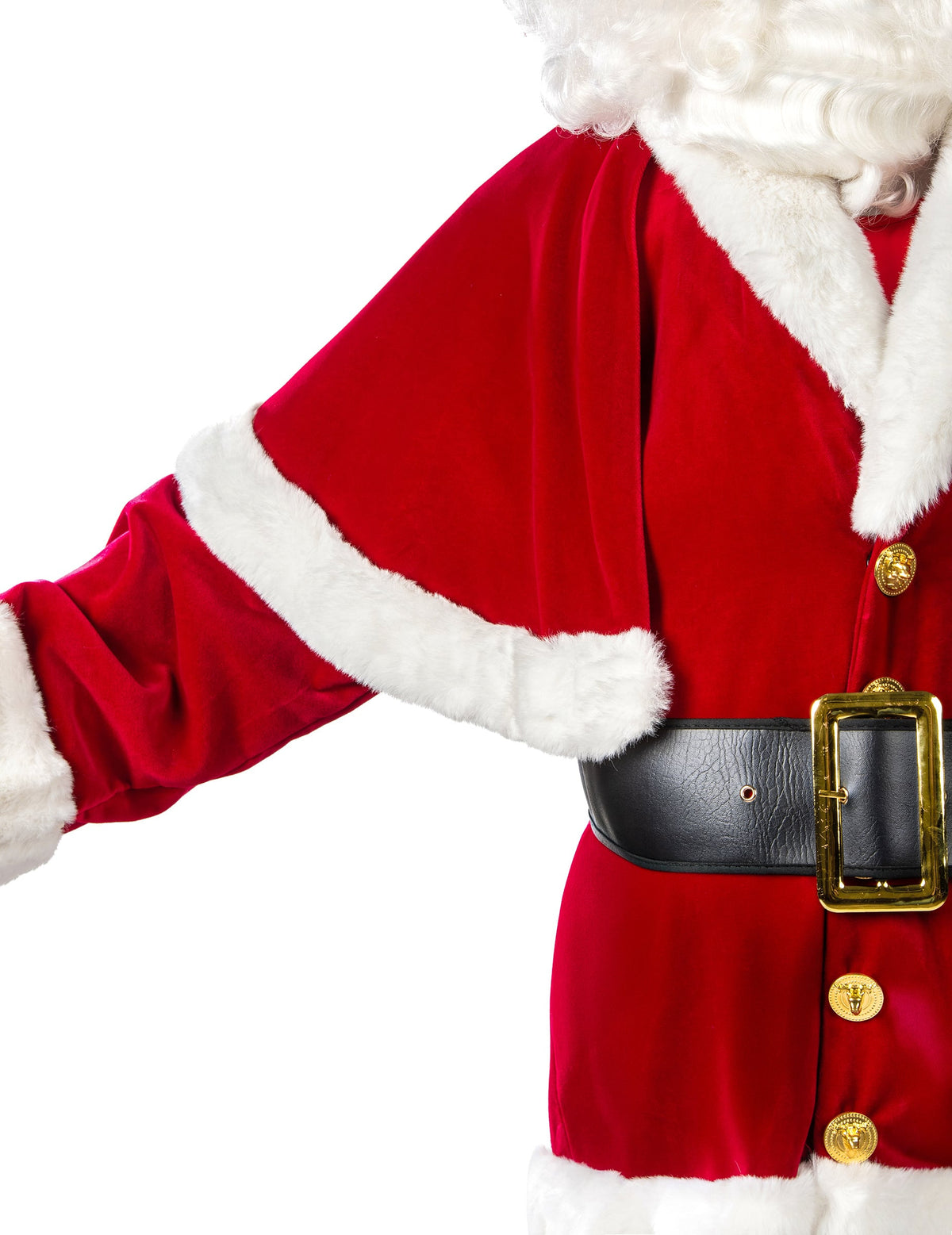 Détail de la ceinture et des boutons dorés du déguisement Père Noël avec Cape Luxe