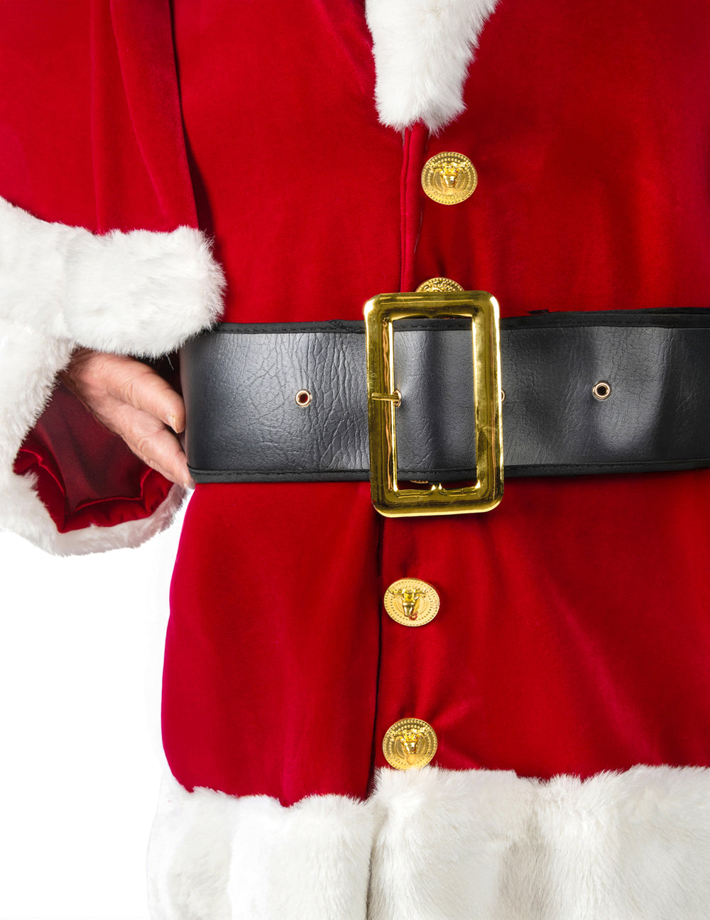 Gros plan sur la ceinture et les boutons dorés du déguisement Père Noël avec Cape Luxe