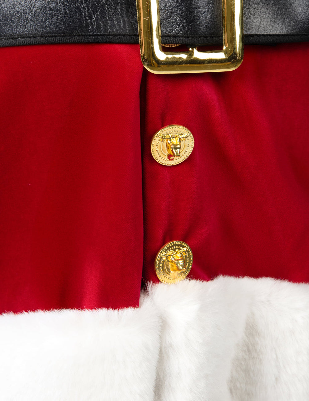Détail des boutons dorés et de la fourrure du déguisement Père Noël avec Cape Luxe