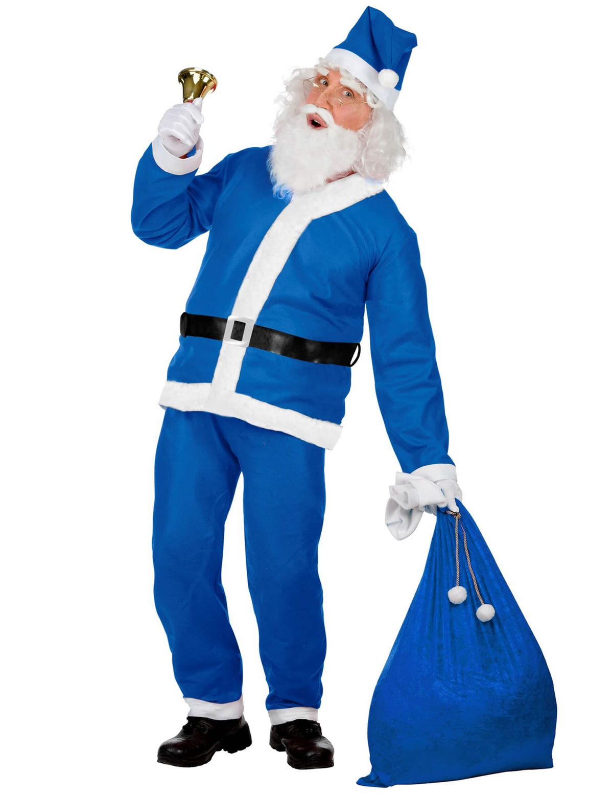 Fato de pai natal para homem azul com saco e sino