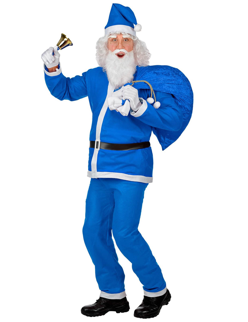 Vista frontal do fato de pai natal azul para homem