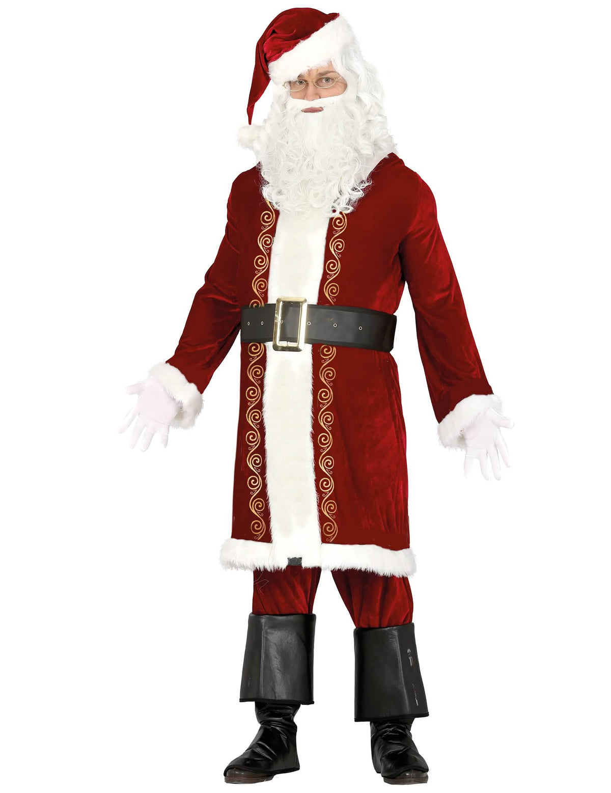 Fato de pai natal chique com dourados para homem vermelho e branco com motivos dourados