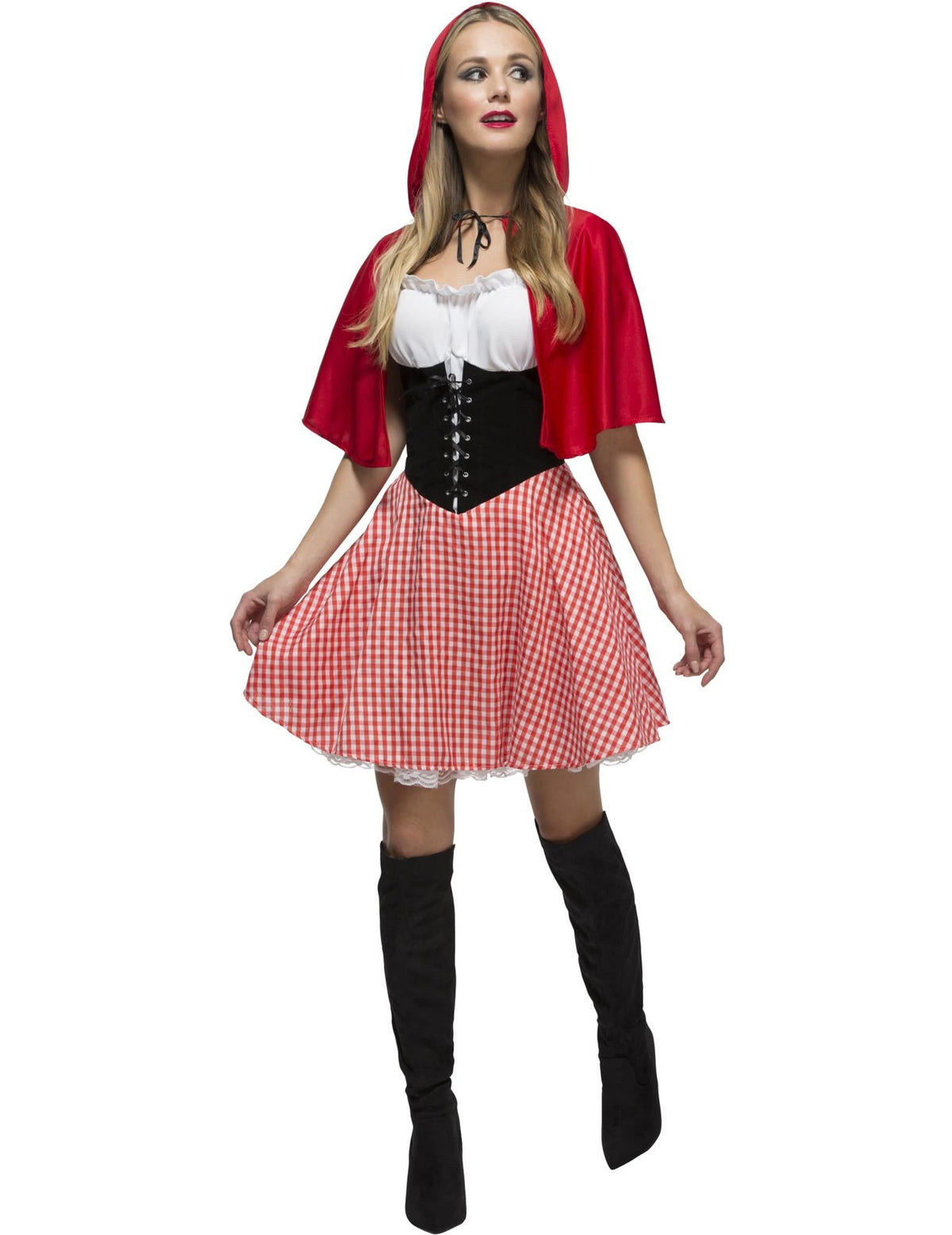 Déguisement petit chaperon des bois sexy pour femme rouge et noir avec jupe à carreaux vichy et cape