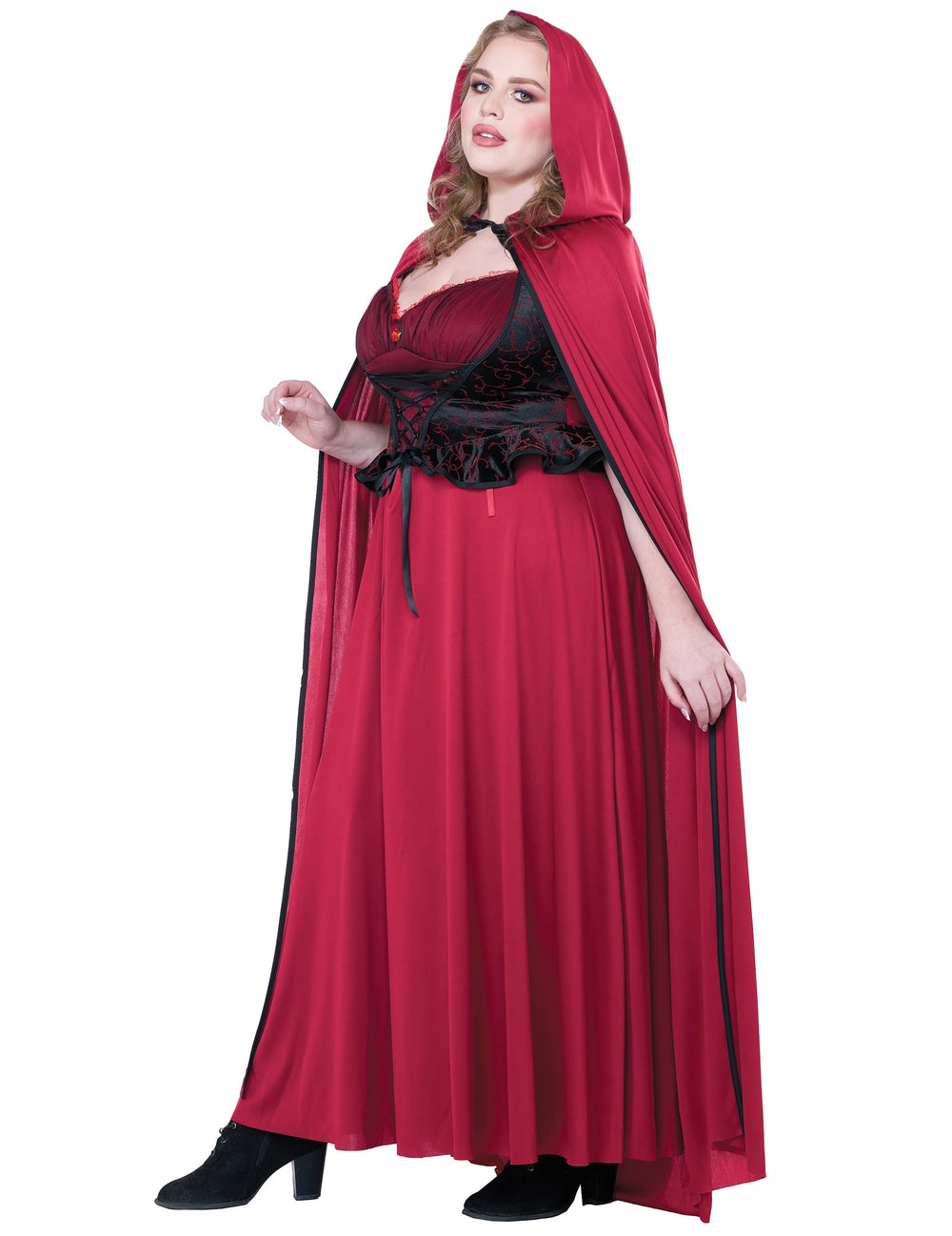 Vue de profil du déguisement de petit chaperon rouge gothique pour femme