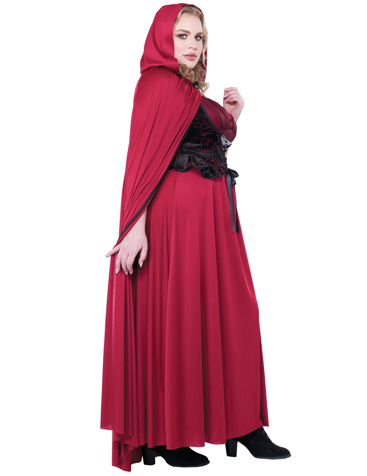 Vue de profil du déguisement de petit chaperon rouge gothique pour femme