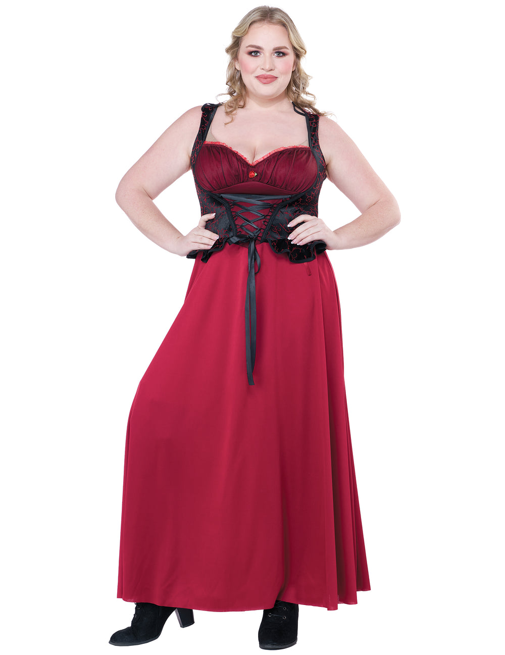 Vue de face sans la cape du déguisement de petit chaperon rouge gothique pour femme