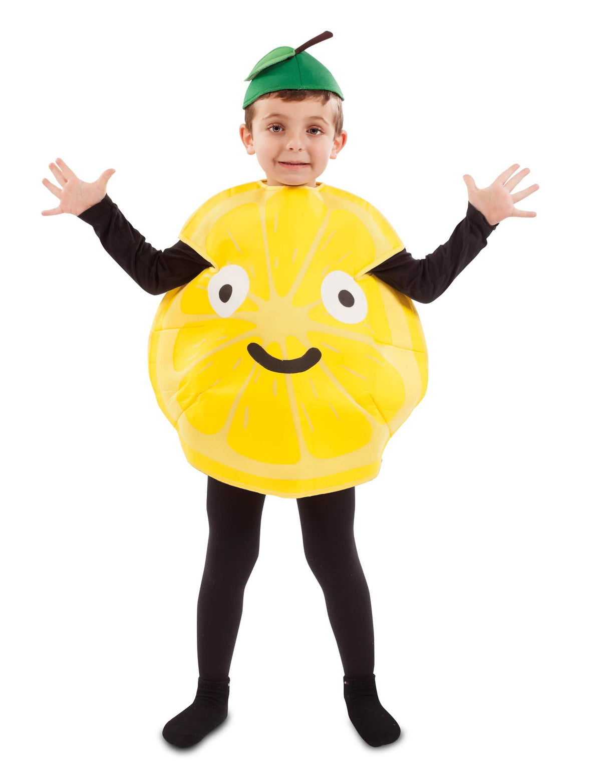 Fato de pequena criança limão amarelo com chapéu folha verde