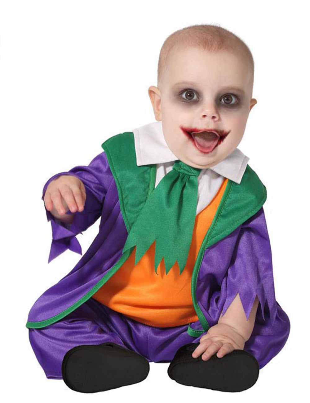 Déguisement petit clown fou pour bébé violet et vert avec gilet orange