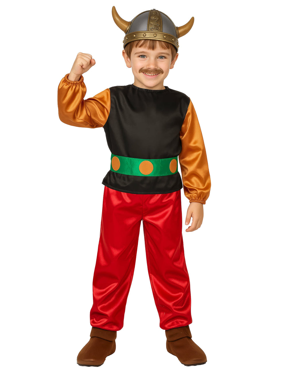 Déguisement petit gaulois pour enfant avec pantalon rouge et casque à cornes