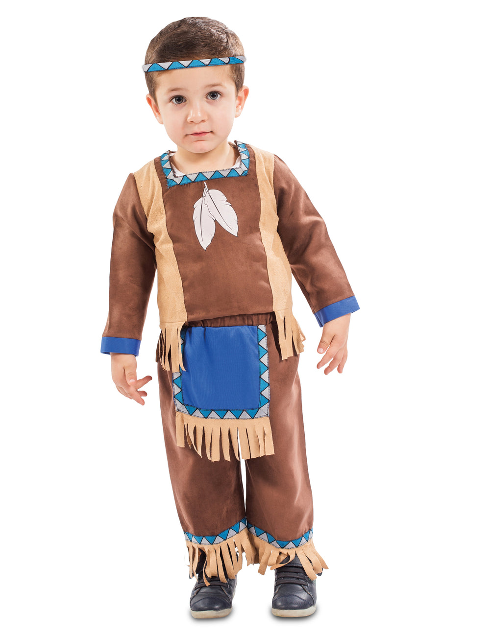 Déguisement de petit indien pour bébé marron et bleu avec franges et bandeau