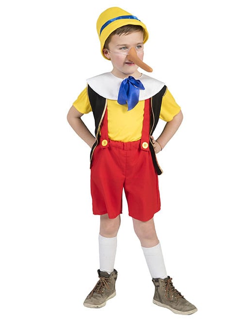 Déguisement de menteur pour enfant jaune et rouge avec chapeau et long nez