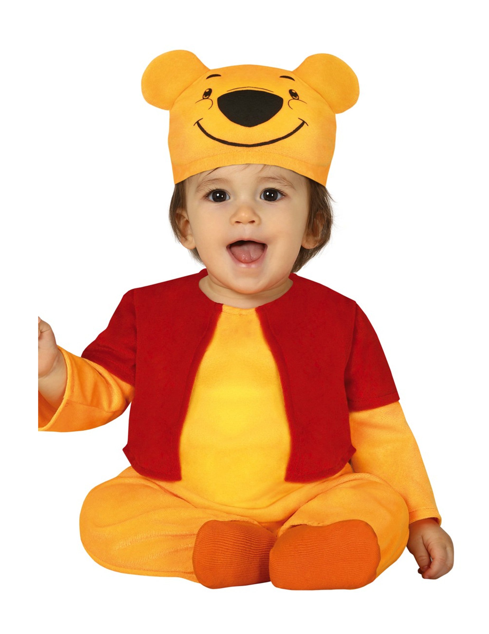 Déguisement de petit ourson pour bébé jaune et rouge avec bonnet à oreilles