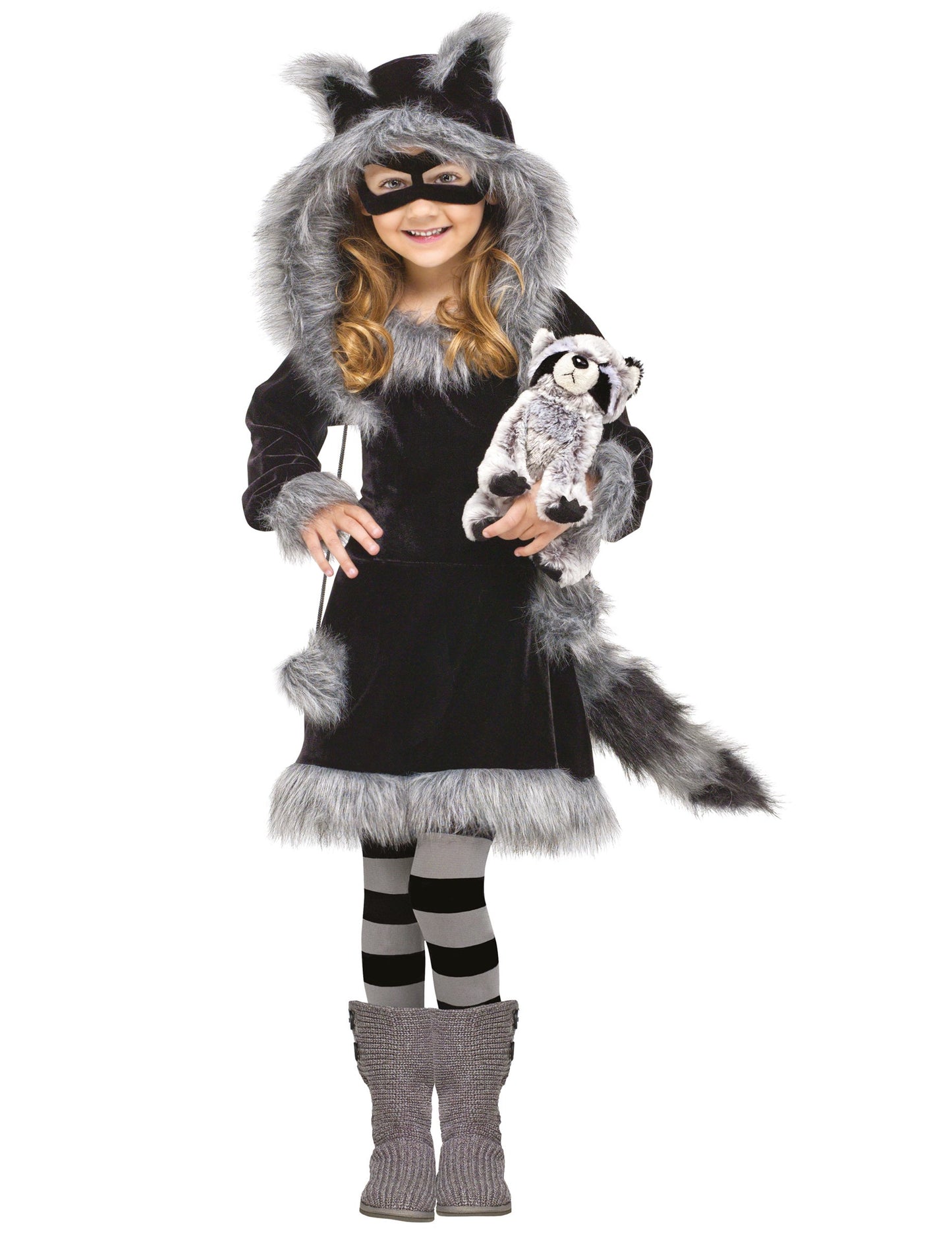 Déguisement petit raton laveur pour fille noir et gris avec fausse fourrure et masque