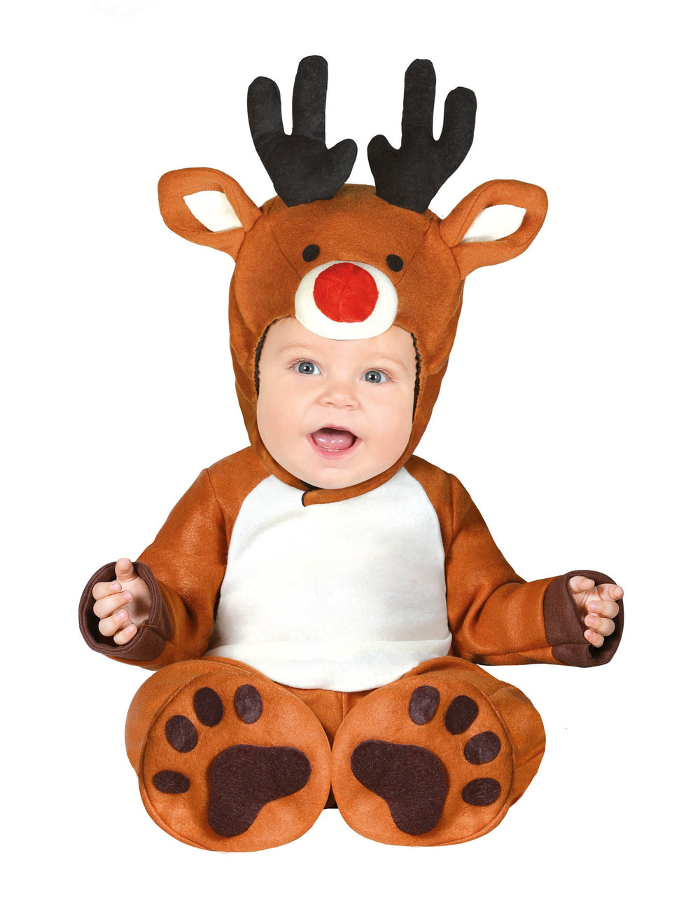 Déguisement petit renne pour bébé marron et blanc avec nez rouge