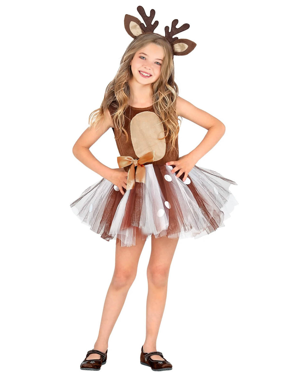 Fato de rena pequena com tutu para menina castanho e branco com bandolete