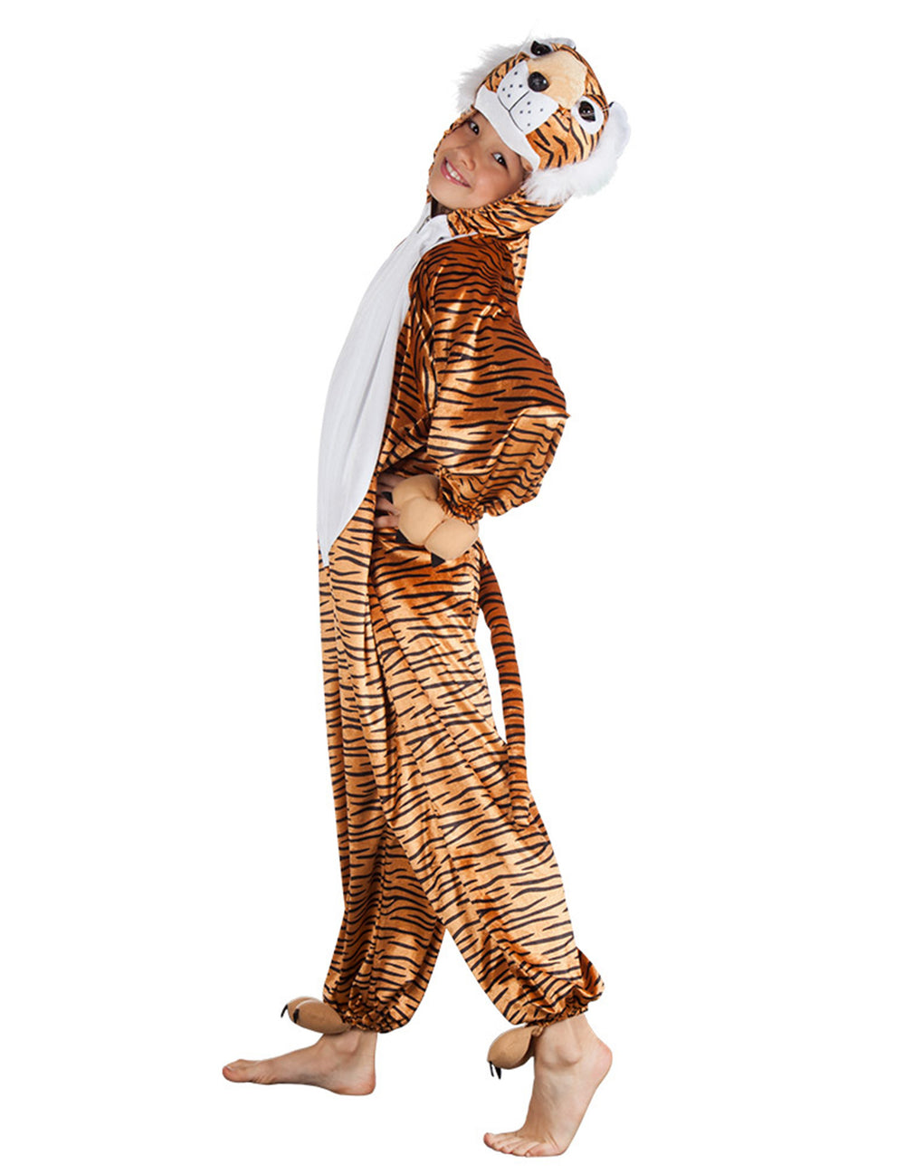 Déguisement de petit tigre pour enfant orange et noir avec capuche et queue