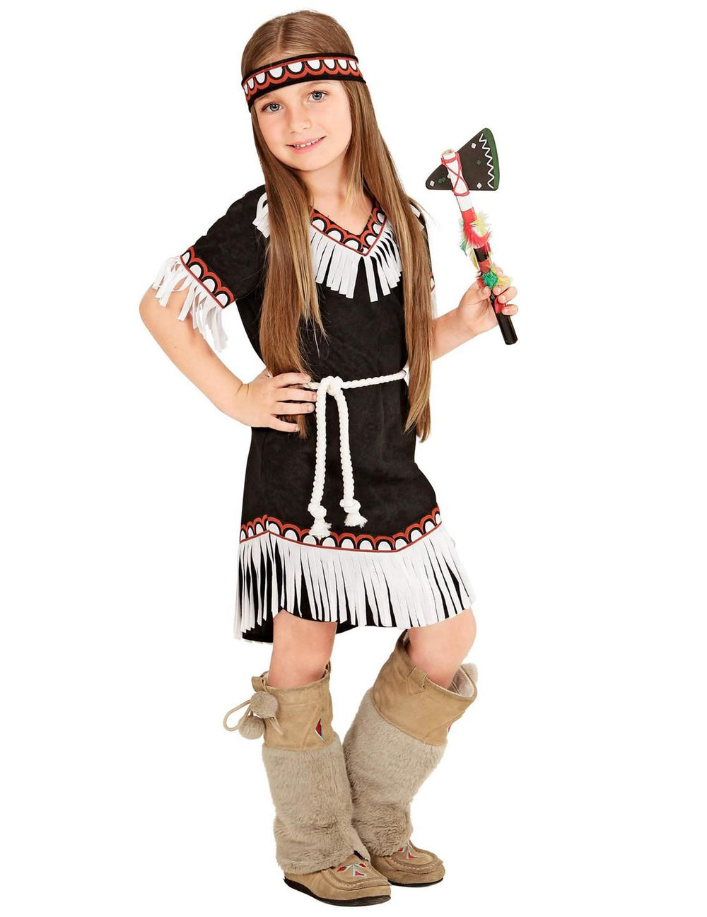 Fato de menina índia preto com franjas brancas