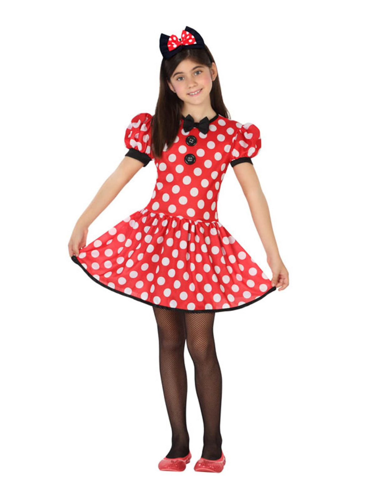 Fato de menina rato às bolinhas vermelho com bolinhas brancas com bandolete com laço