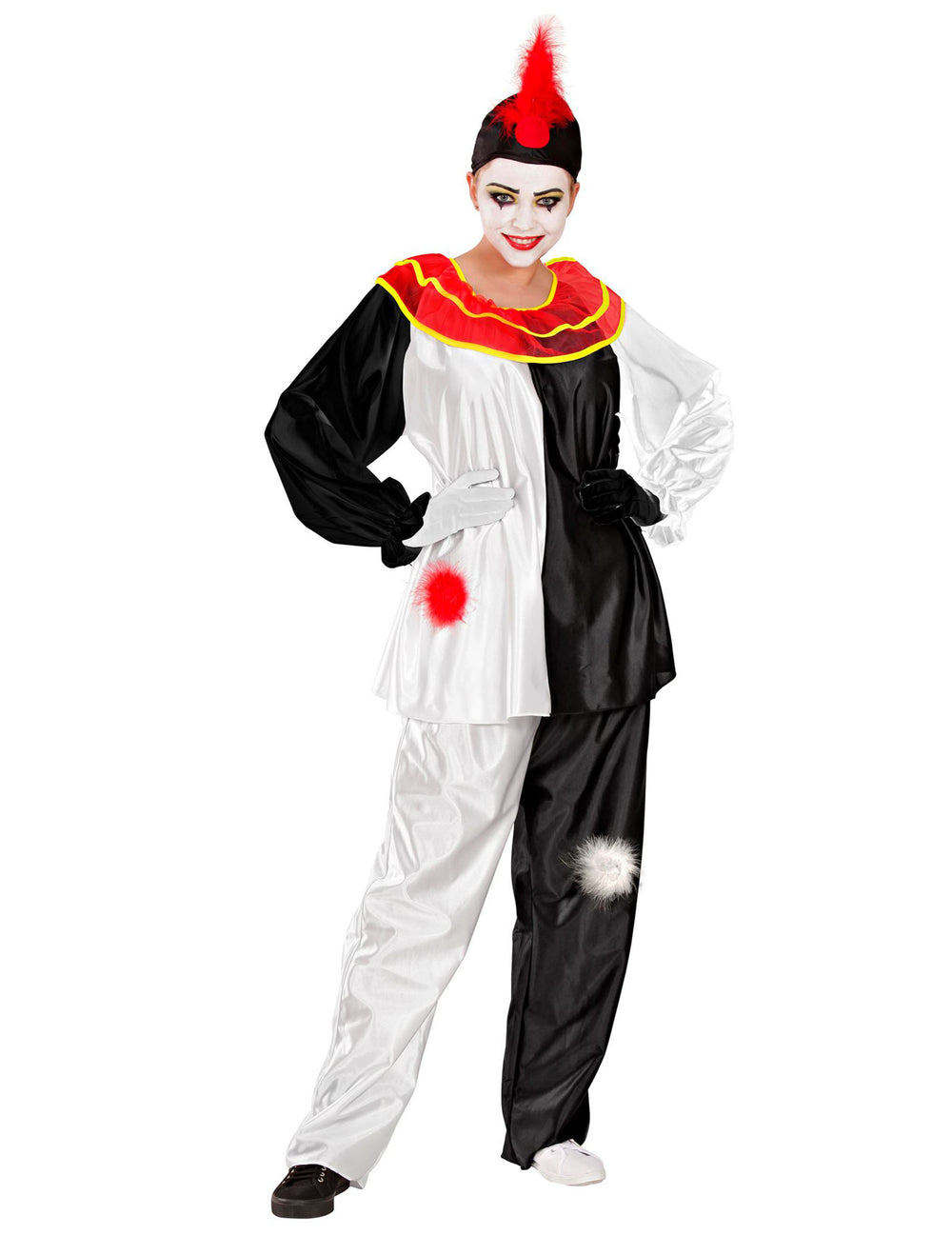 Déguisement de pierrot pour adulte noir et blanc avec collerette et coiffe