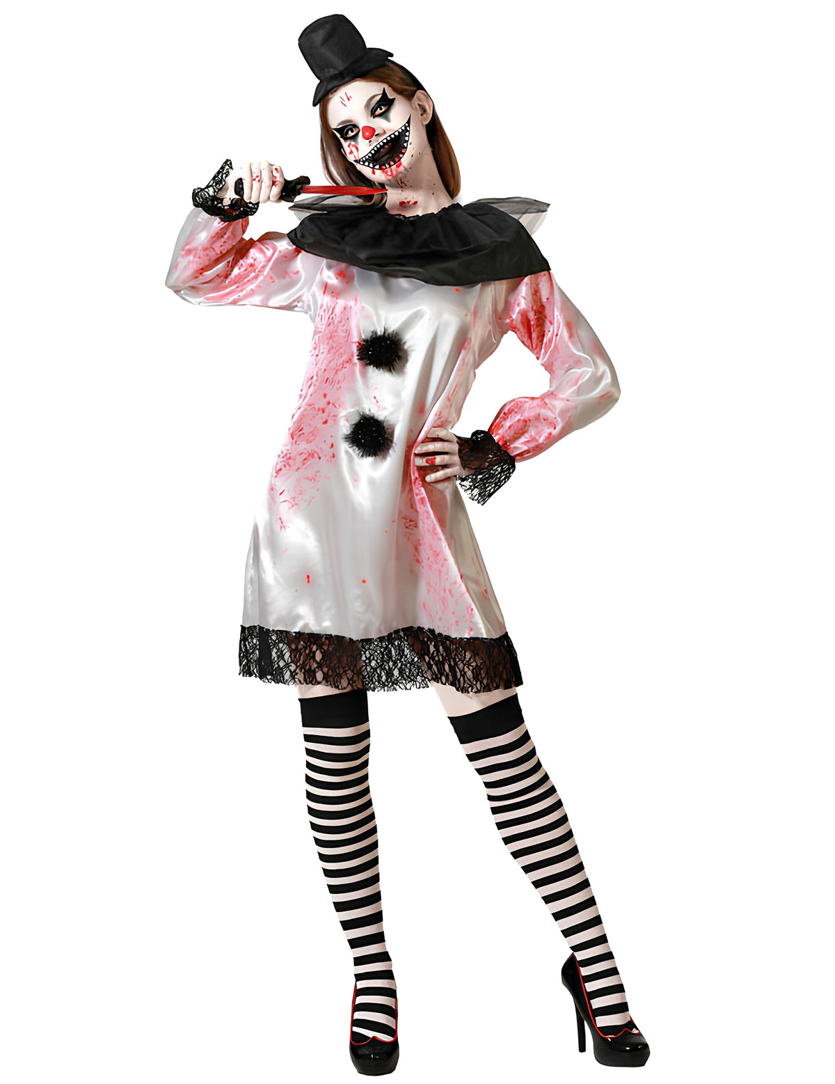 Déguisement Pierrot assassin pour femme blanc et noir avec taches de sang