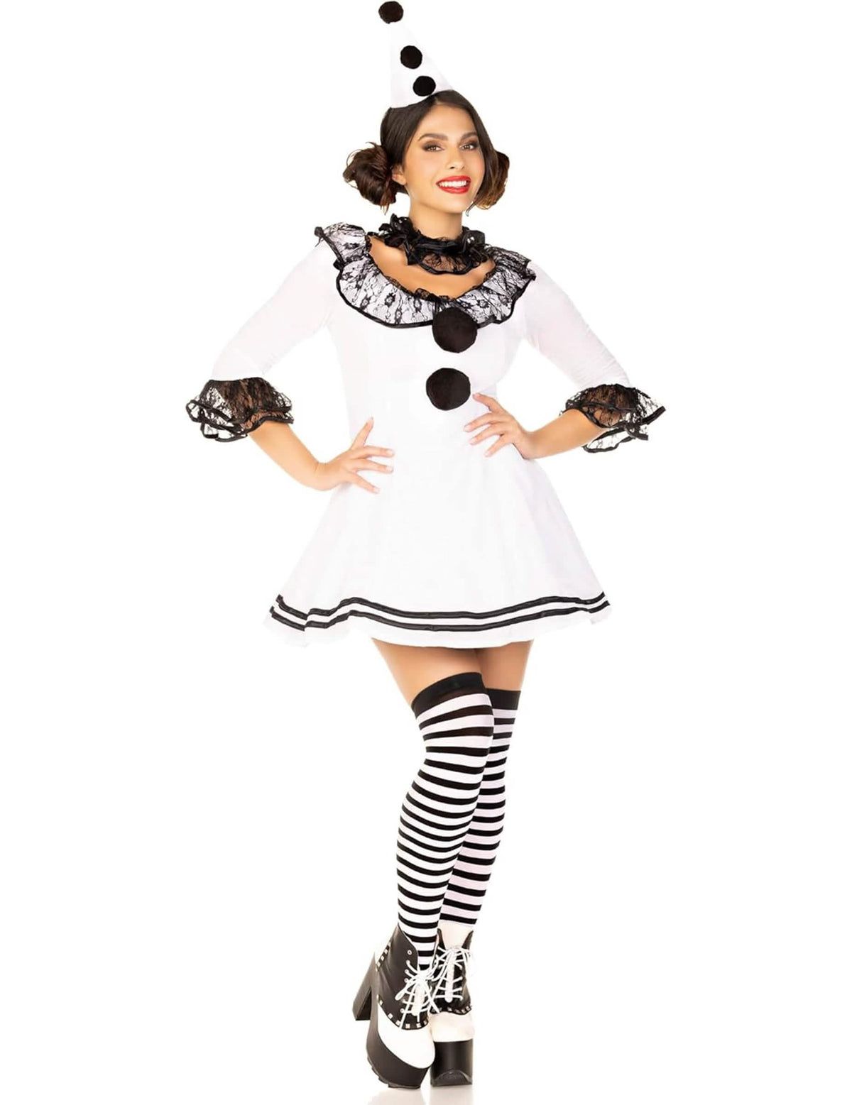 Fato de pierrot sexy para mulher branco e preto com pompons e renda