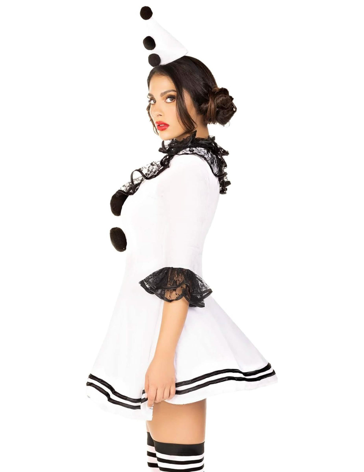 Vista de perfil do disfarce sexy de pierrot para mulher