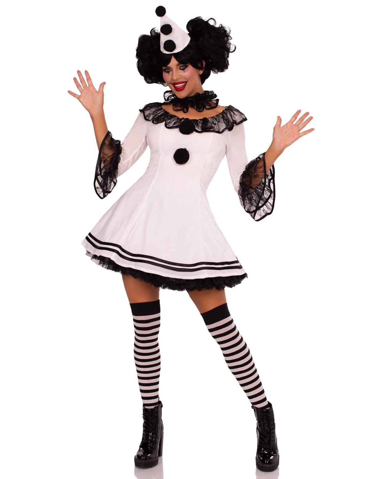 Vista de corpo inteiro do traje sexy de pierrot para mulher