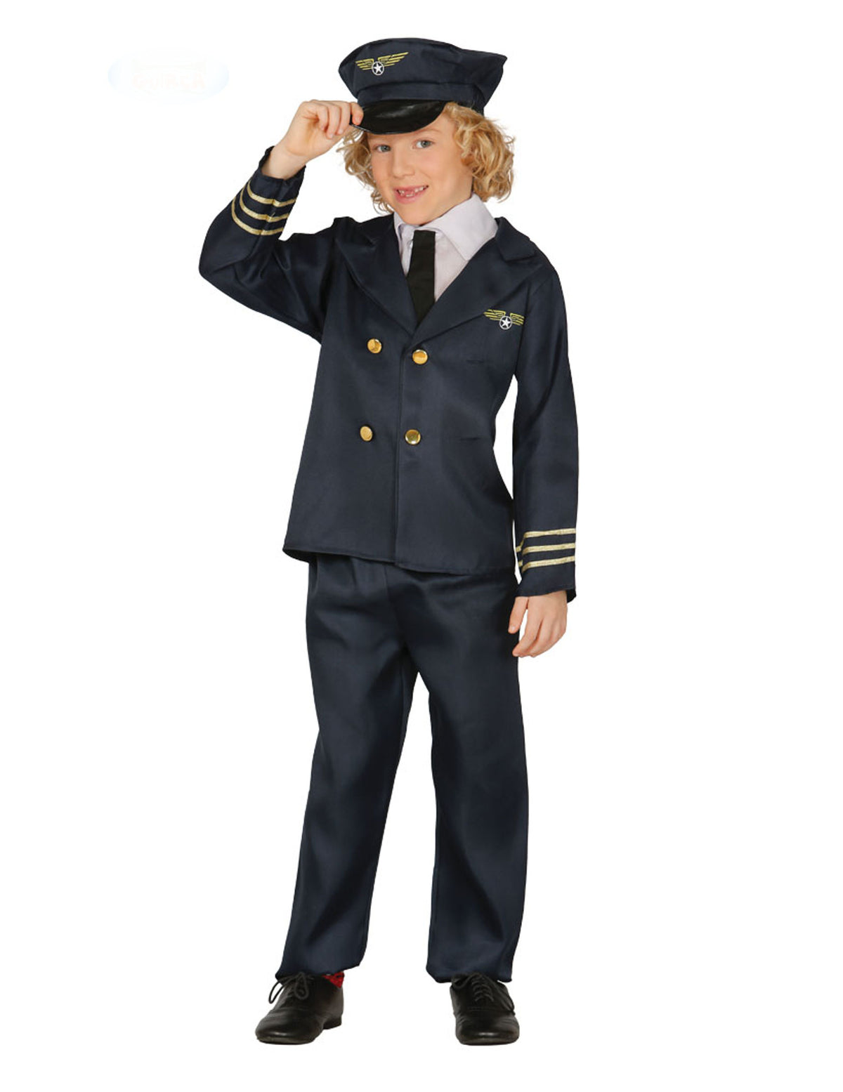 Déguisement de pilote d'avion pour garçon bleu marine avec galons dorés et casquette