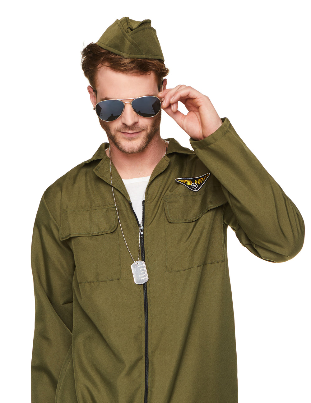 Gros plan sur le buste et les accessoires du déguisement pilote de chasse complet