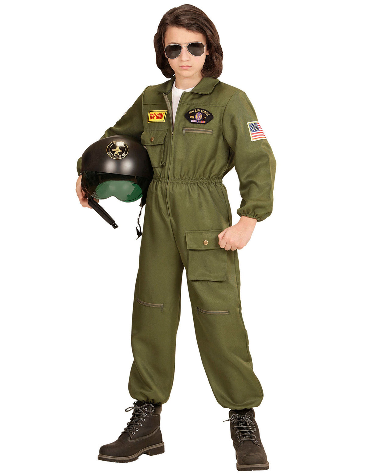Déguisement pilote de combat pour garçon vert kaki avec casque et lunettes
