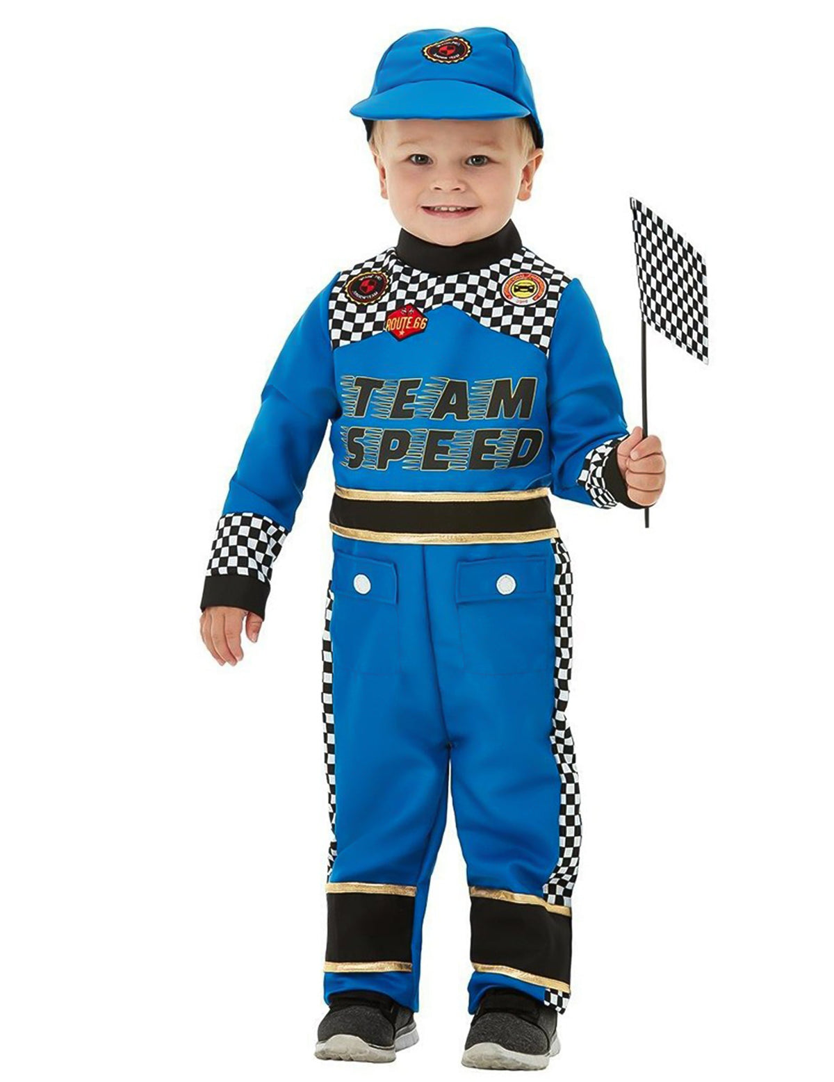Déguisement pilote de voiture de course pour bébé bleu avec casquette et drapeau à damier
