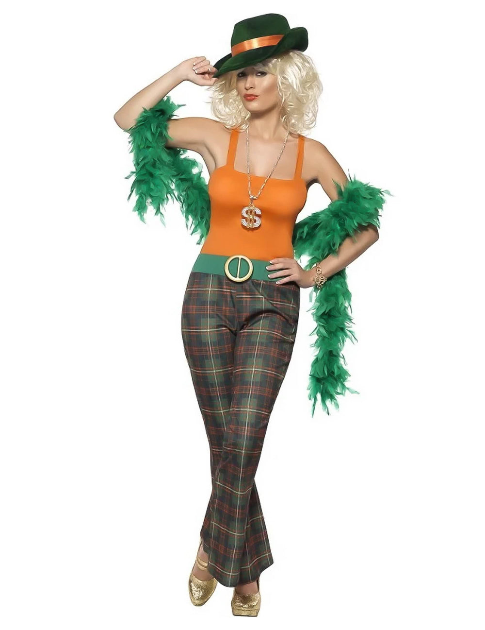 Fato de festa pimp Lady para mulher verde e cor de laranja com calças aos quadrados