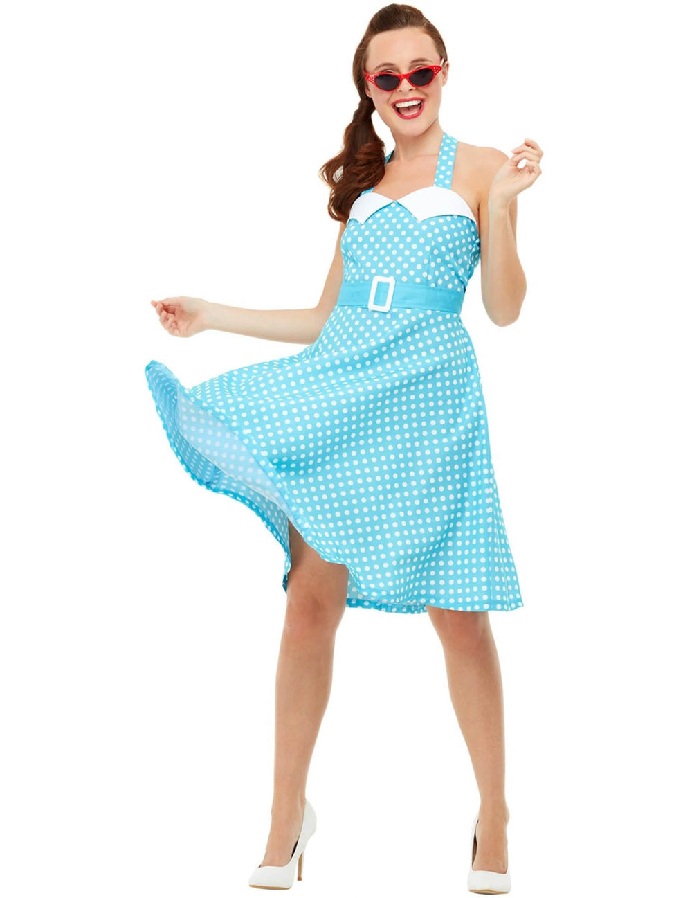 Déguisamento pin-up retrô para mulher azul às bolinhas brancas com cinto
