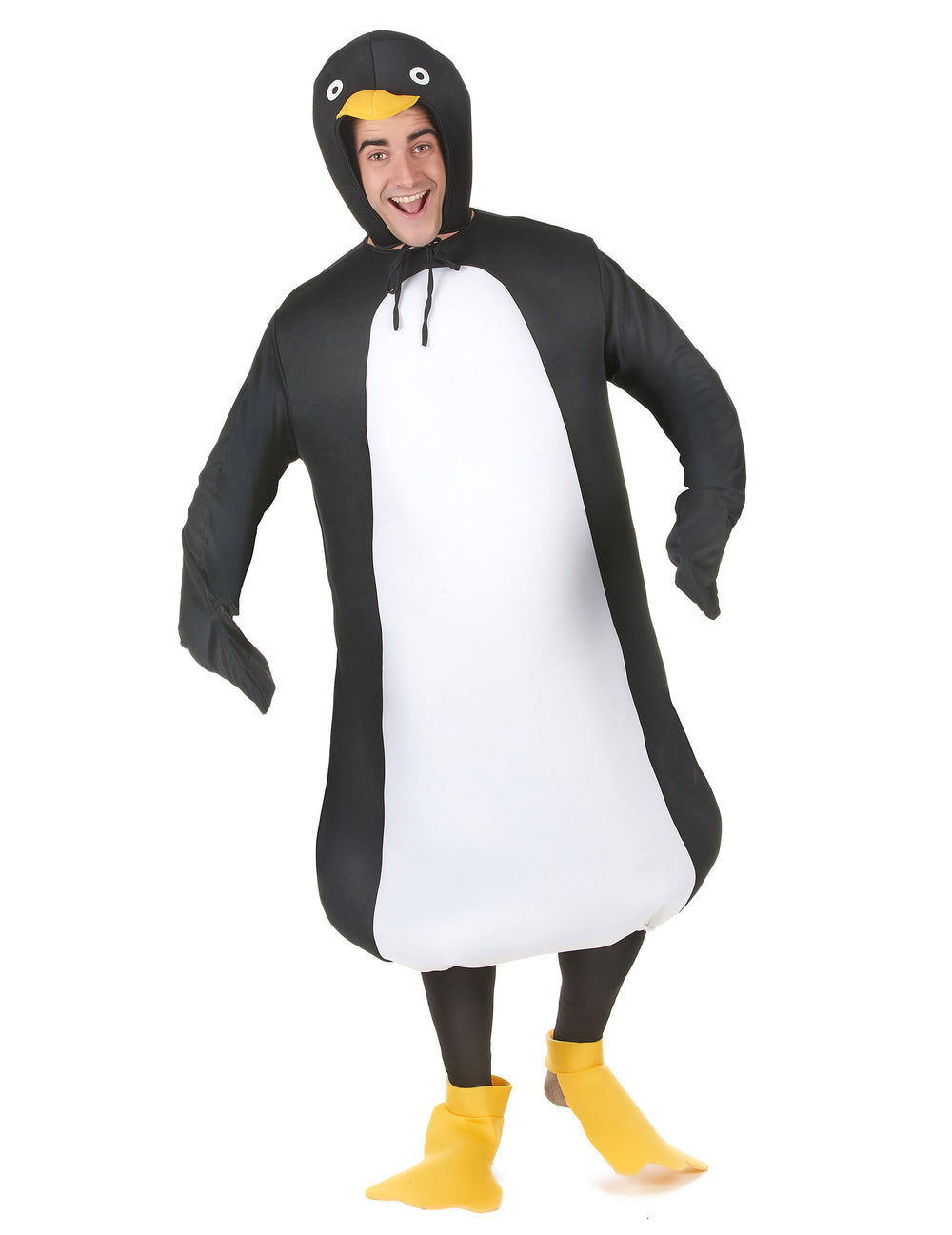 Déguisement de pingouin pour adulte noir et blanc avec capuche et pattes jaunes